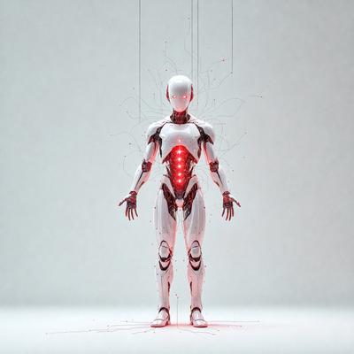 The primary subject of the image is a robot, which is the main object, scene, or focus of the image. The robot is standing in a white room, which serves as the setting or background. The visual style of the image is digital art, as it is a digital illustration of a robot. The dominant colors in the image are red and white, creating a bold and striking atmosphere.